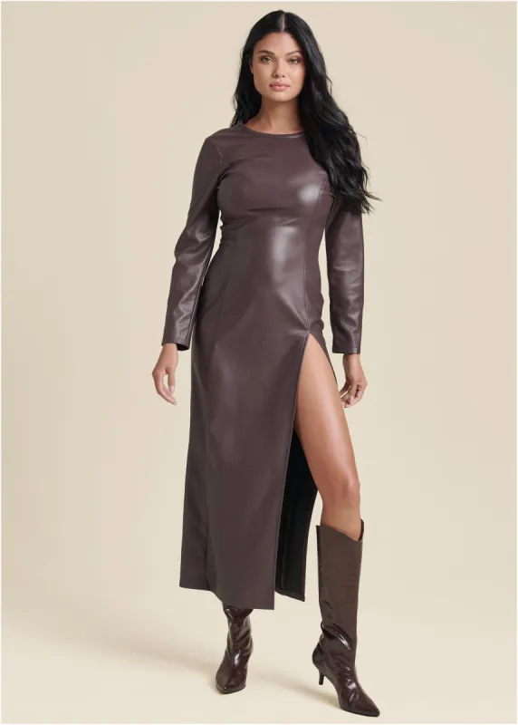 Faux Leather Column Maxi - Dark Brown sold by VENUS