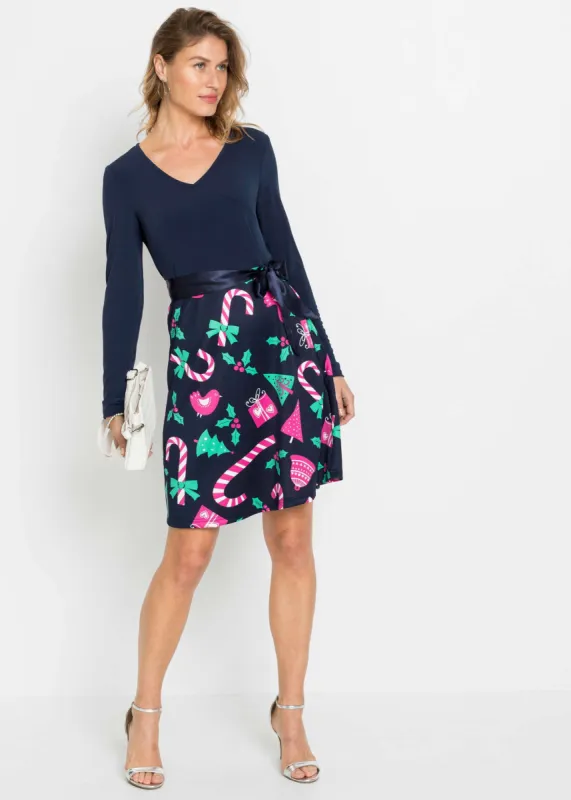 Holiday Print Twofer Dress - Navy Multi sold by VENUS