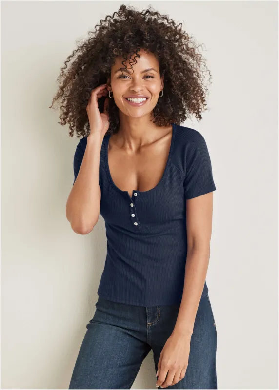 Henley Short Sleeve Top  - Navy sold by VENUS