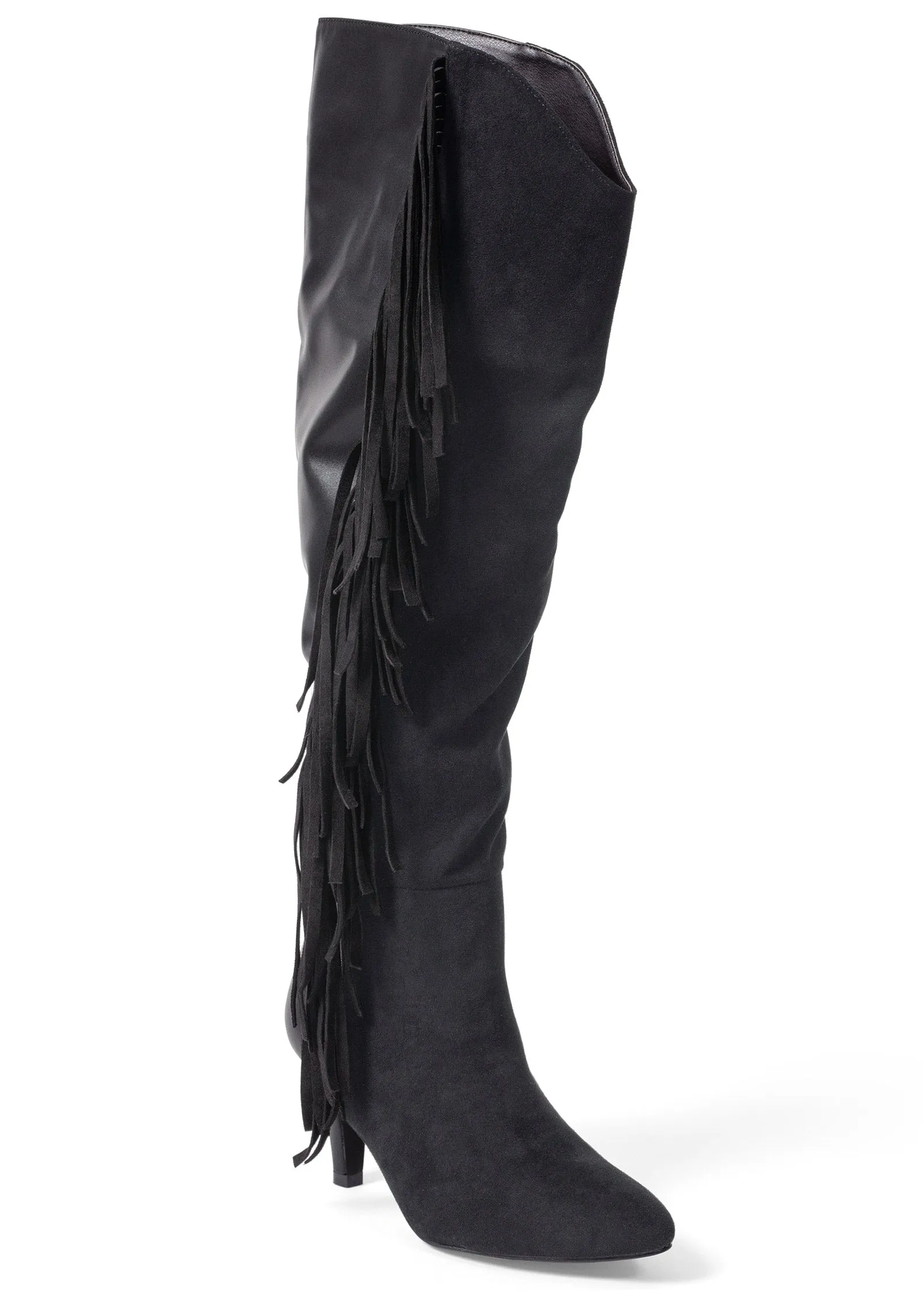 Faux-Suede Fringe Boots - Black sold by VENUS