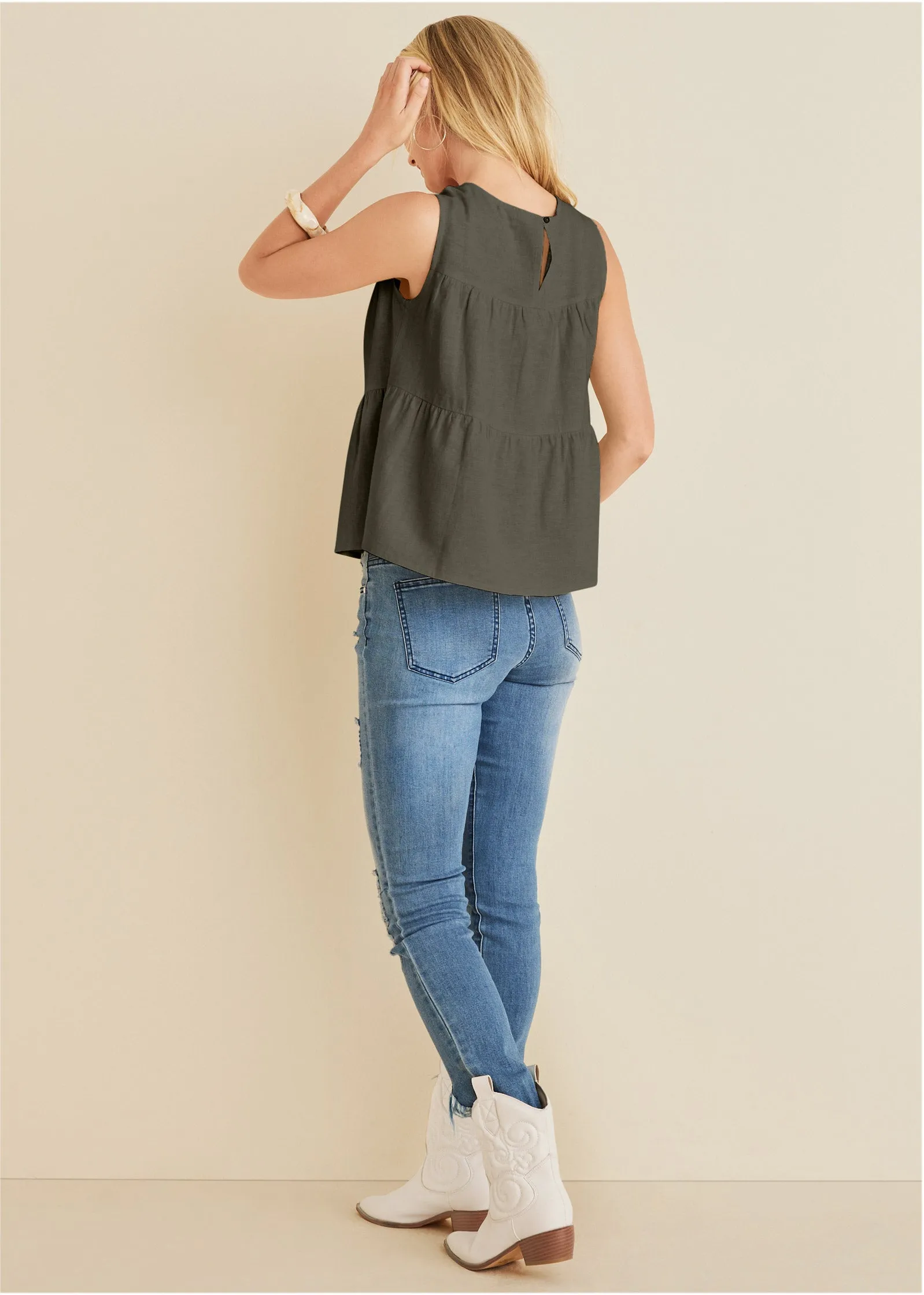 Linen Tiered Tank Top - Olive sold by VENUS product image thumbnail 2