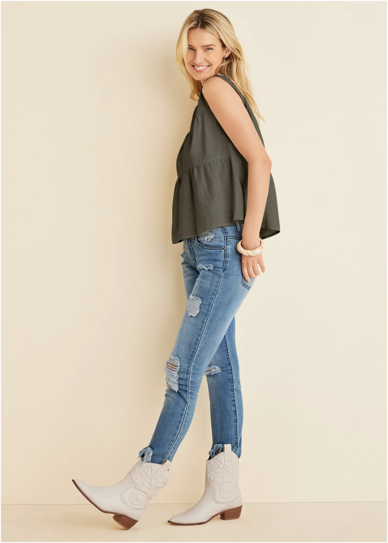 Linen Tiered Tank Top - Olive sold by VENUS product image thumbnail 3
