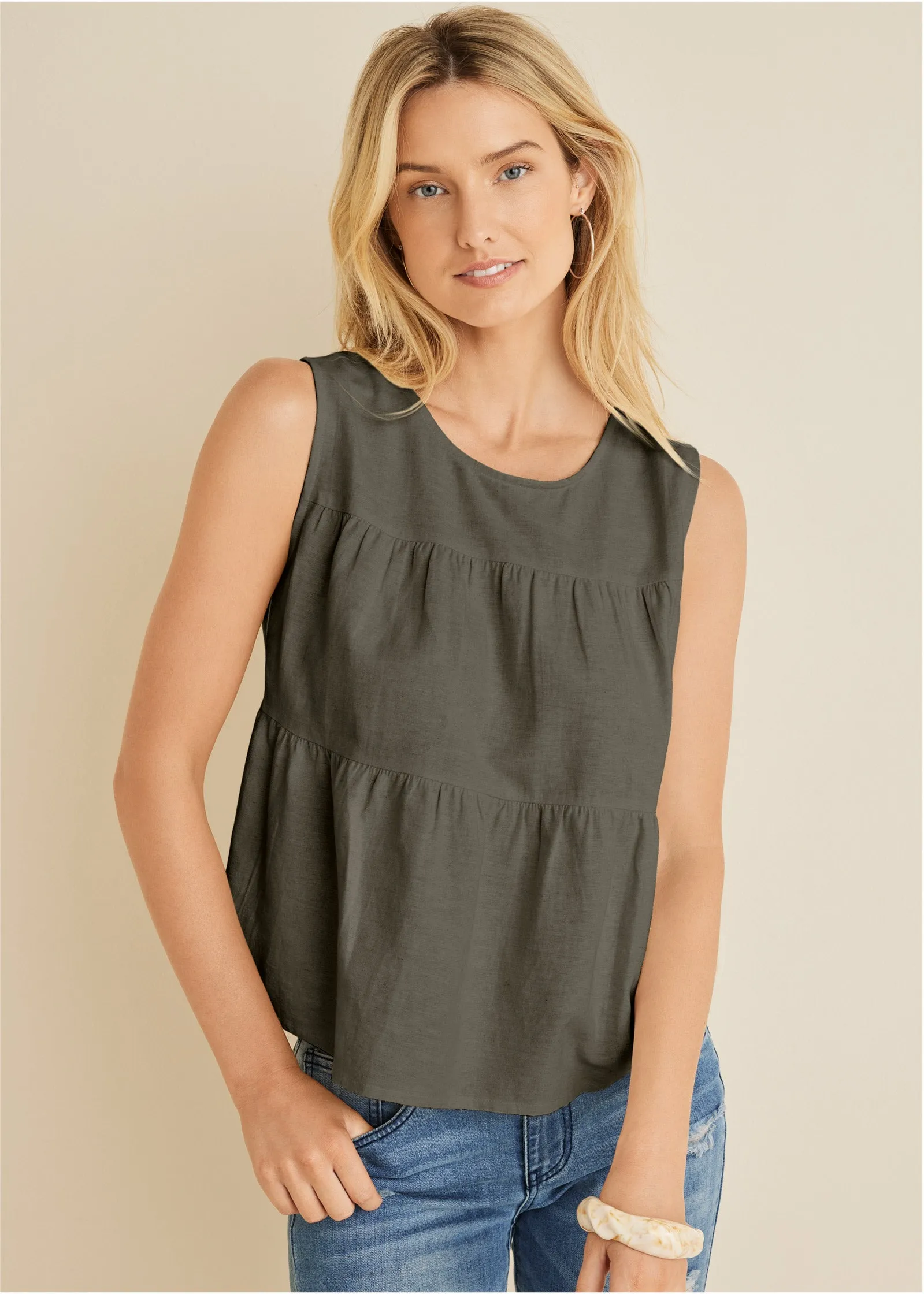 Linen Tiered Tank Top - Olive sold by VENUS
