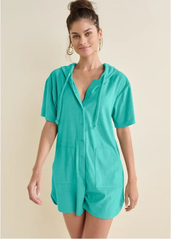 Terry Hooded Romper - Turquoise sold by VENUS