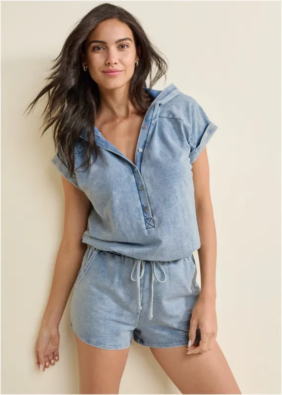 Stone Wash Hooded Romper - Blue sold by VENUS