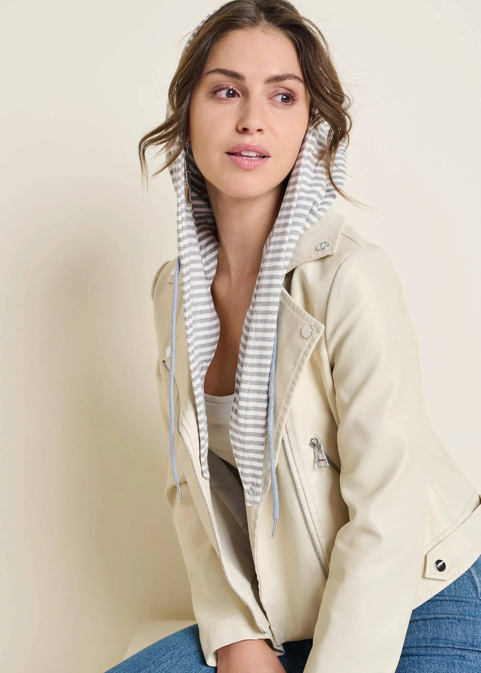 Faux Leather Hooded Jacket - Cream Multi sold by VENUS product image thumbnail 4