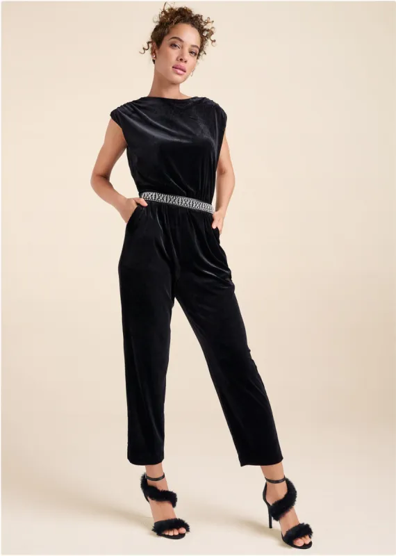 Velvet Back Chain Jumpsuit - Black sold by VENUS