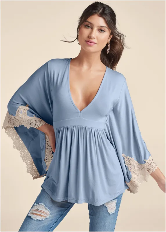 Lace Bell Sleeve Top - Light Blue Multi sold by VENUS