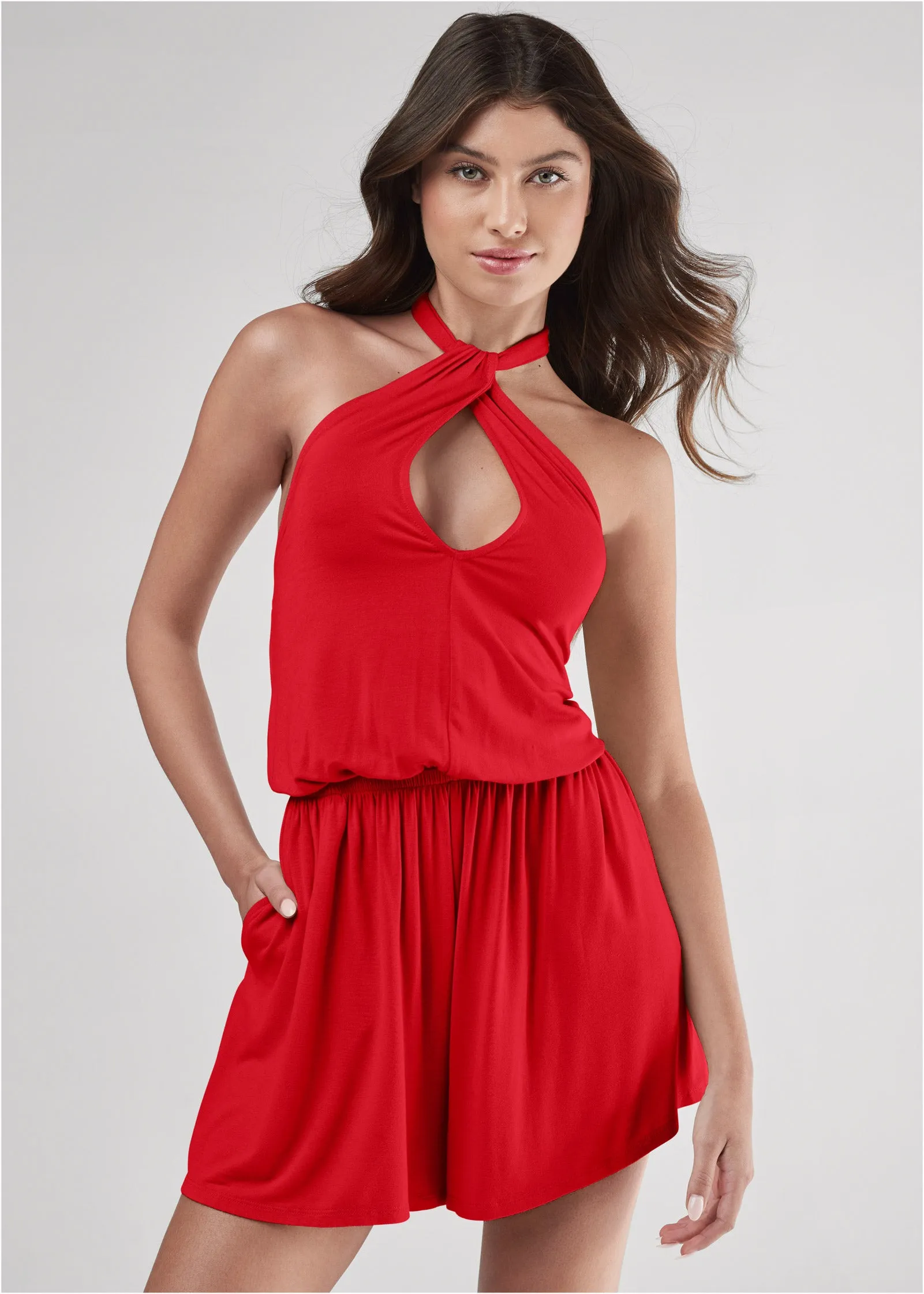 Twist Neckline Romper - Red sold by VENUS