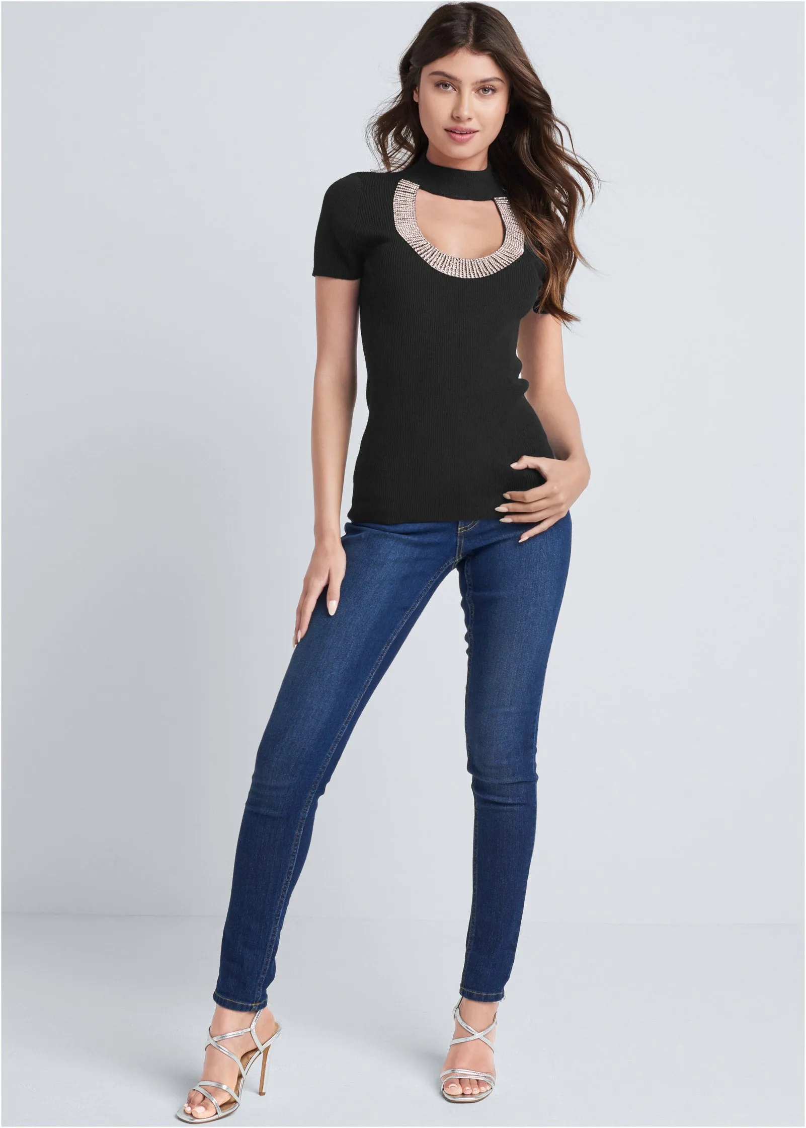 Rhinestone Trim Mock Neck Sweater - Black sold by VENUS product image thumbnail 2