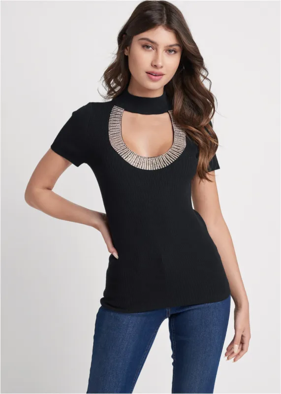 Rhinestone Trim Mock Neck Sweater - Black sold by VENUS