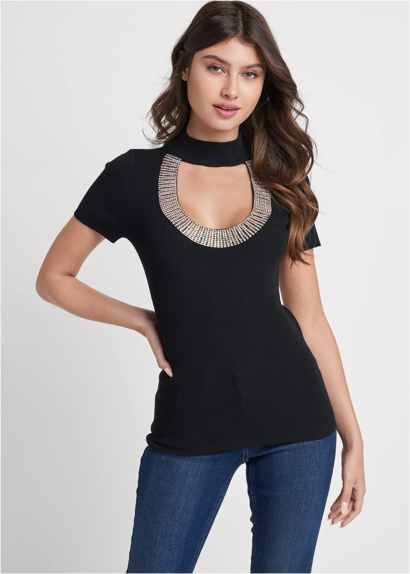 Rhinestone Trim Mock Neck Sweater - Black sold by VENUS