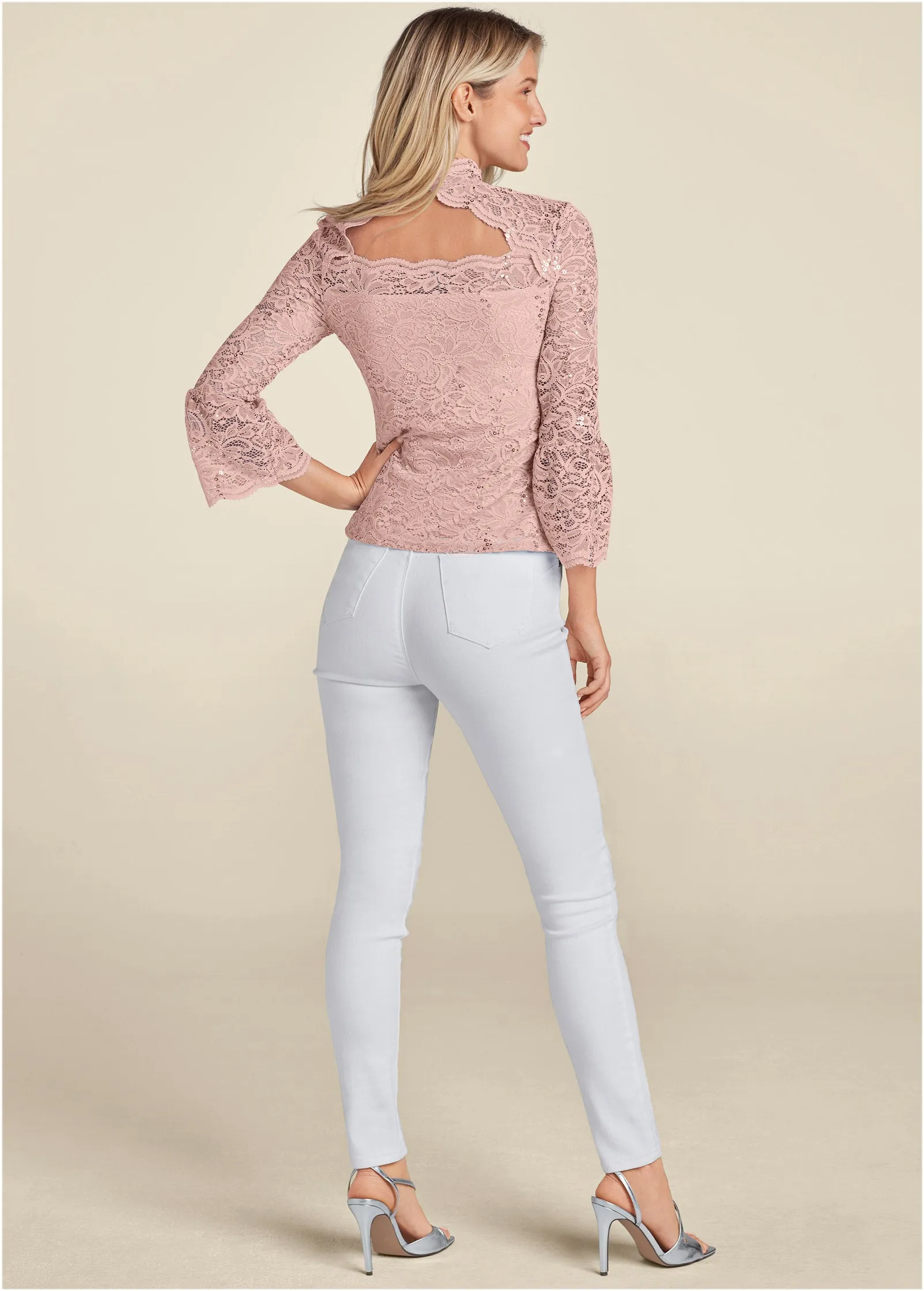 Sequin Lace Mock-Neck Top - Peach sold by VENUS product image thumbnail 3