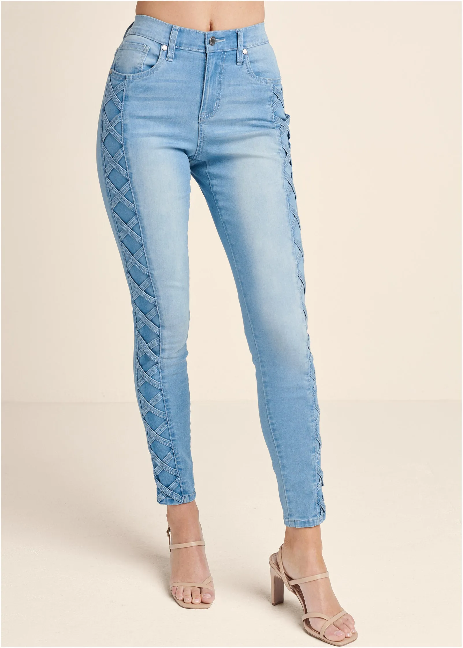 Lattice Detail Skinny Jeans - Light Wash sold by VENUS