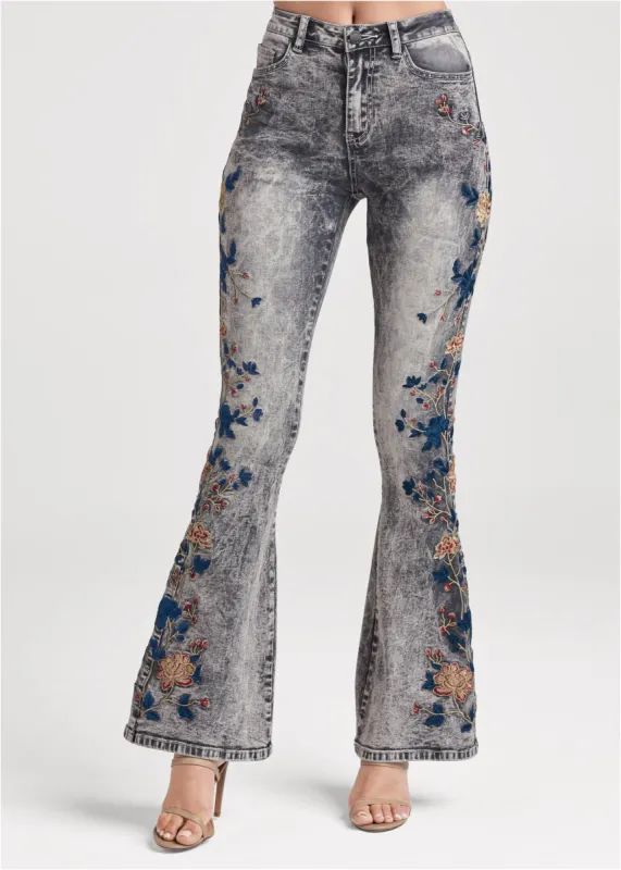 Acid Wash Floral Embroidered Boot Cut Jeans - Black Acid Wash sold by VENUS