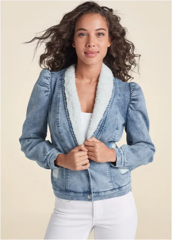 Faux Fur Lined Puff Sleeve Jean Jacket - Light Wash sold by VENUS