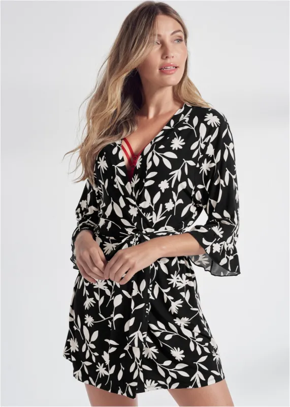 Ruffle Sleep Robe - Black Floral sold by VENUS