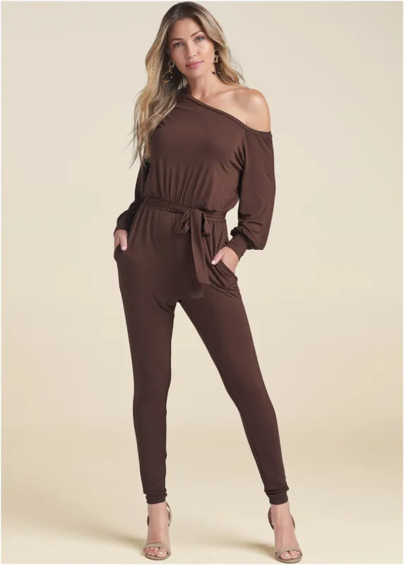 Off-Shoulder Jumpsuit - Dark Brown sold by VENUS
