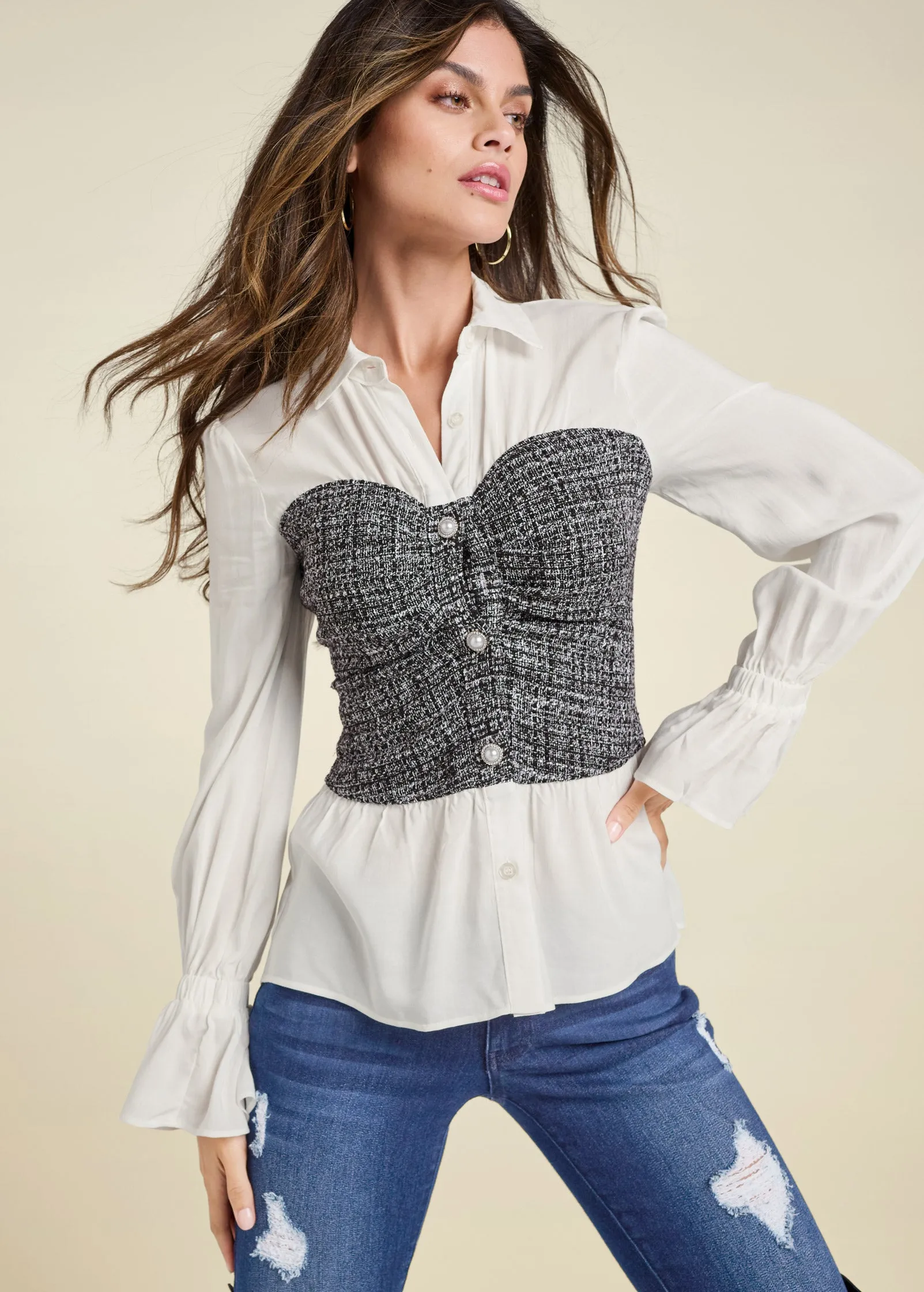Tweed Bustier Blouse - Grey Multi sold by VENUS