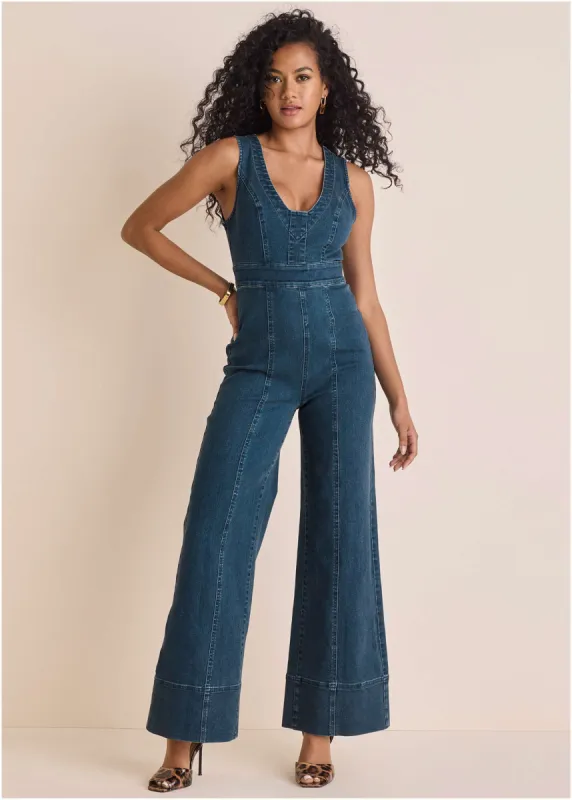 Stretch Denim Jumpsuit - Medium Wash sold by VENUS