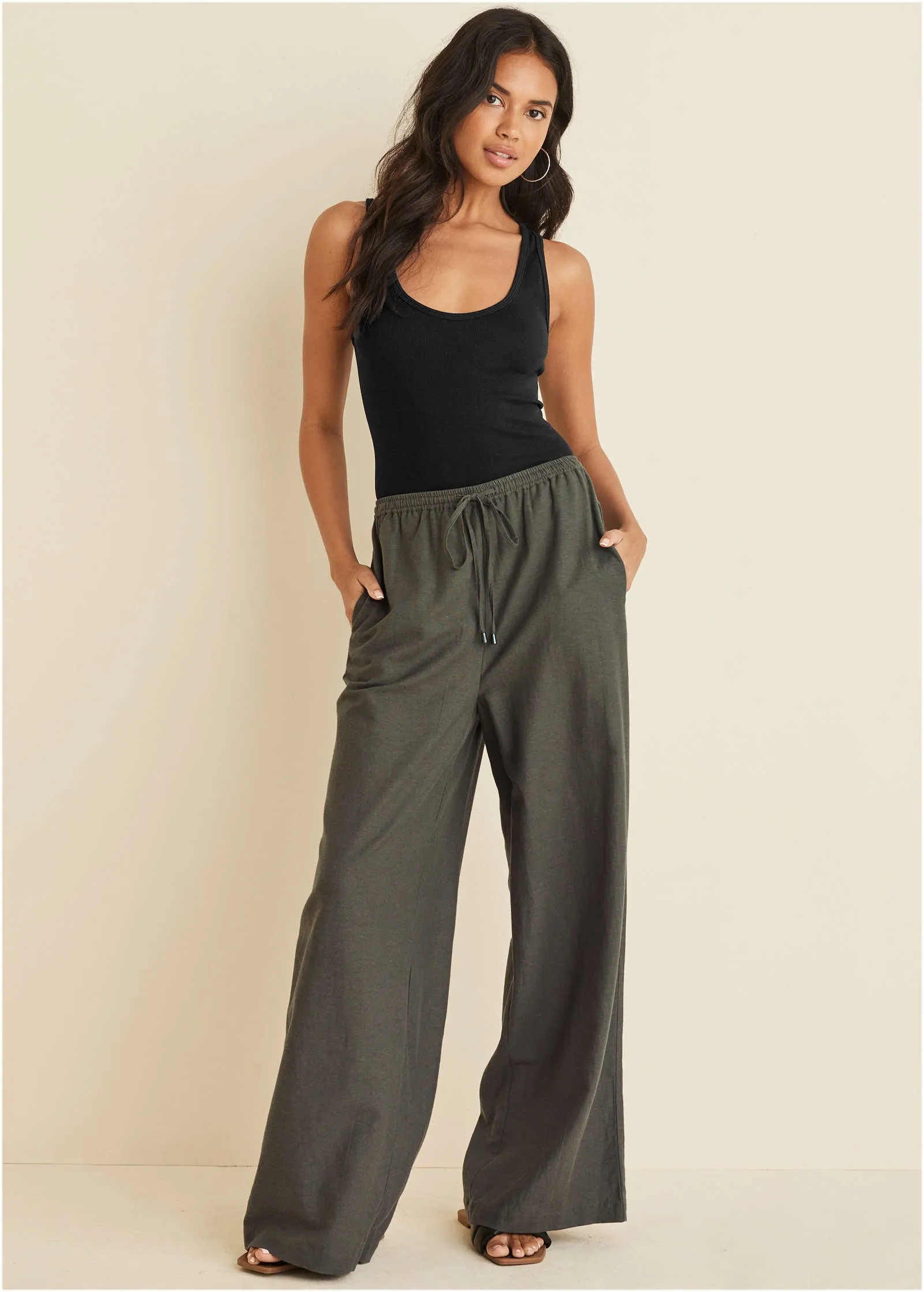 Cotton Linen Wide Leg Pant - Olive sold by VENUS