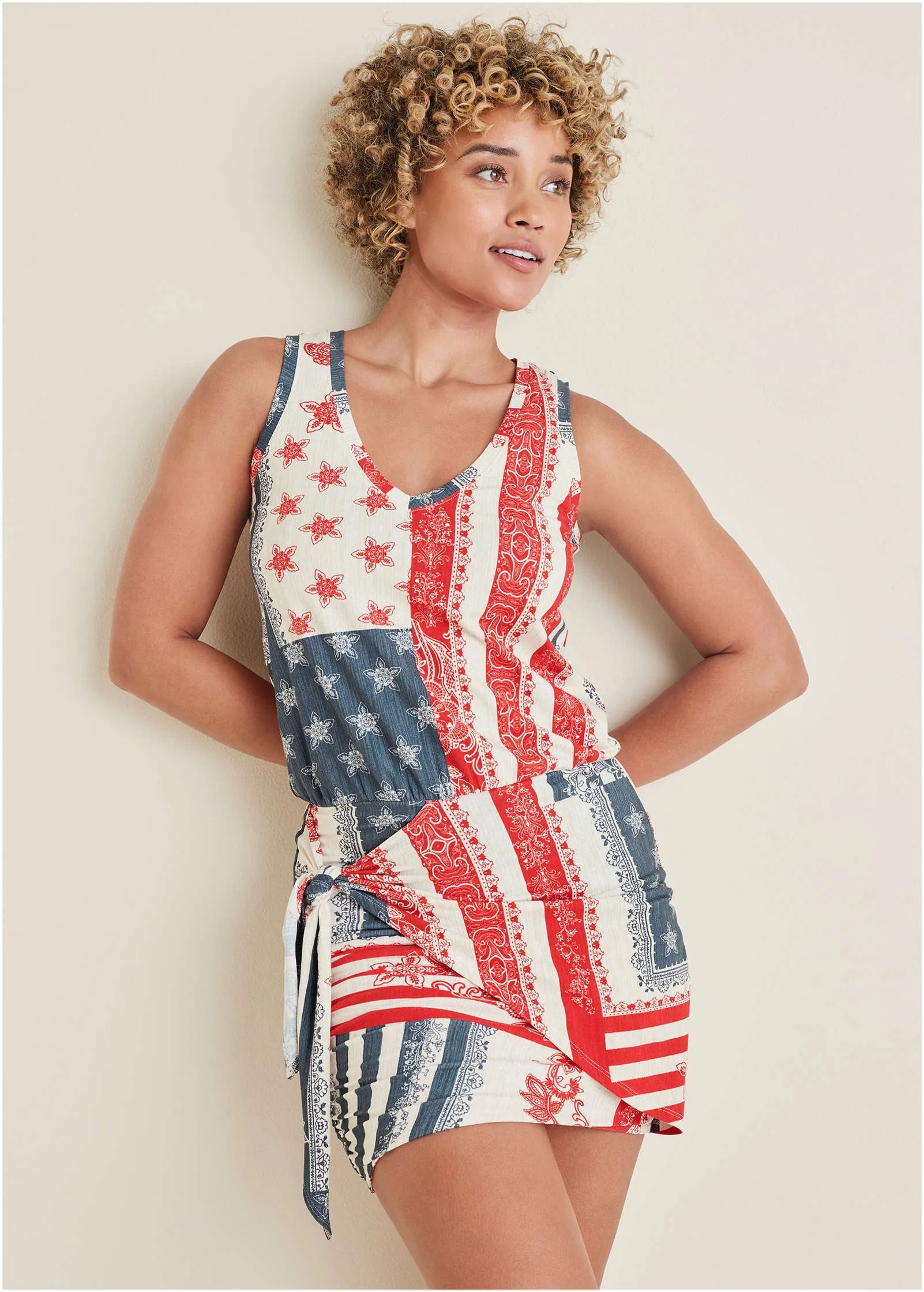 V-Neck Side Wrap Mini Dress - Americana Patchwork Stripe sold by VENUS product image thumbnail 4