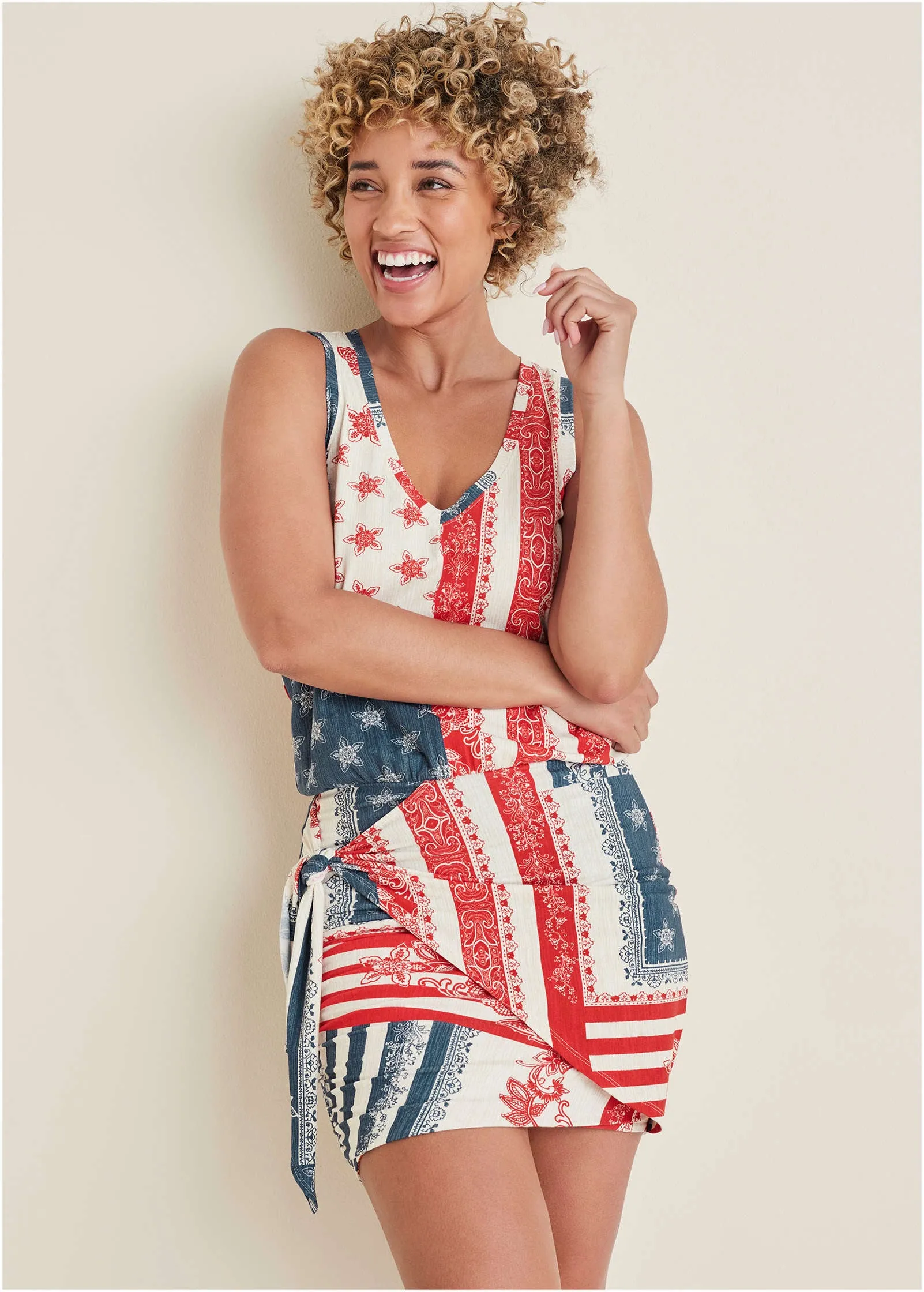 V-Neck Side Wrap Mini Dress - Americana Patchwork Stripe sold by VENUS