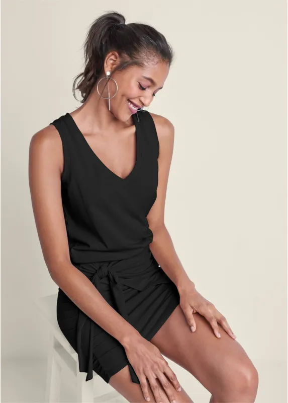 V-Neck Side Wrap Mini Dress - Black sold by VENUS