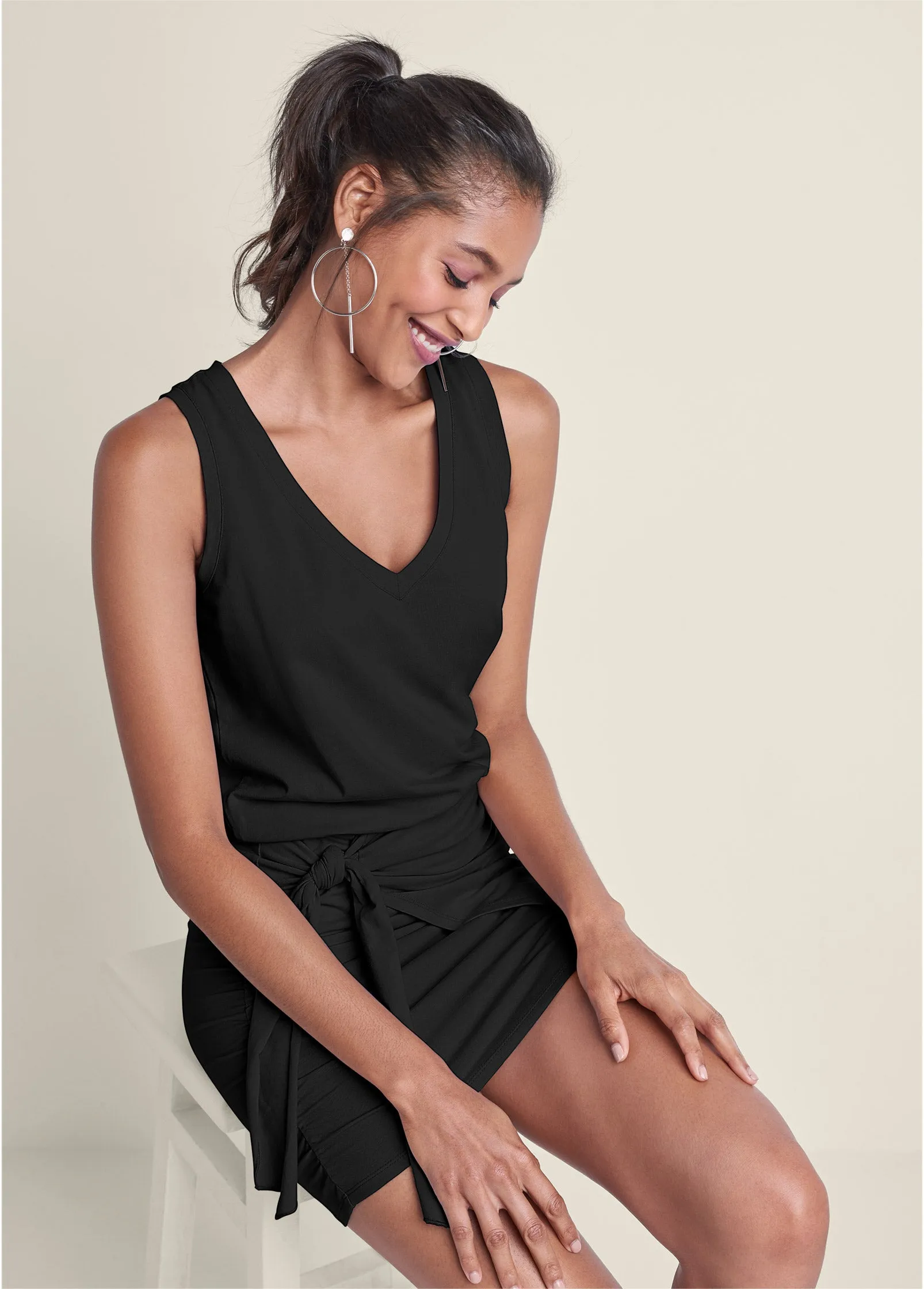 V-Neck Side Wrap Mini Dress - Black sold by VENUS
