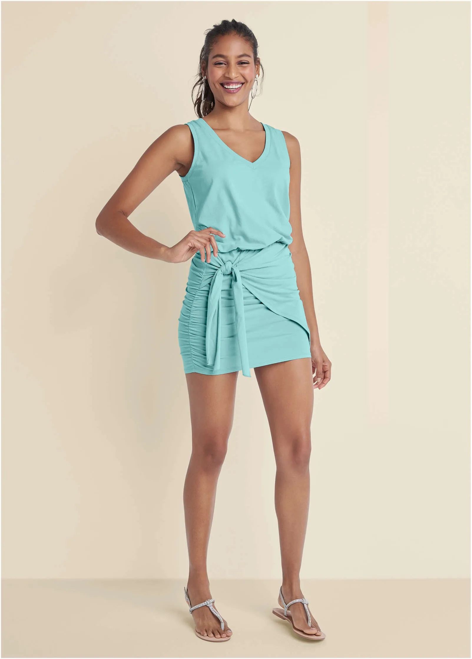 V-Neck Side Wrap Mini Dress - Turquoise sold by VENUS product image thumbnail 2