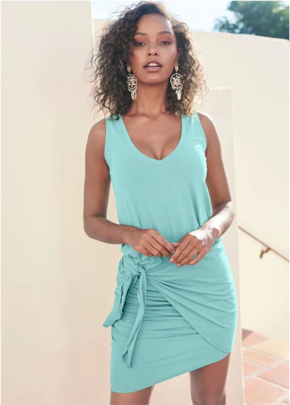 V-Neck Side Wrap Mini Dress - Turquoise sold by VENUS