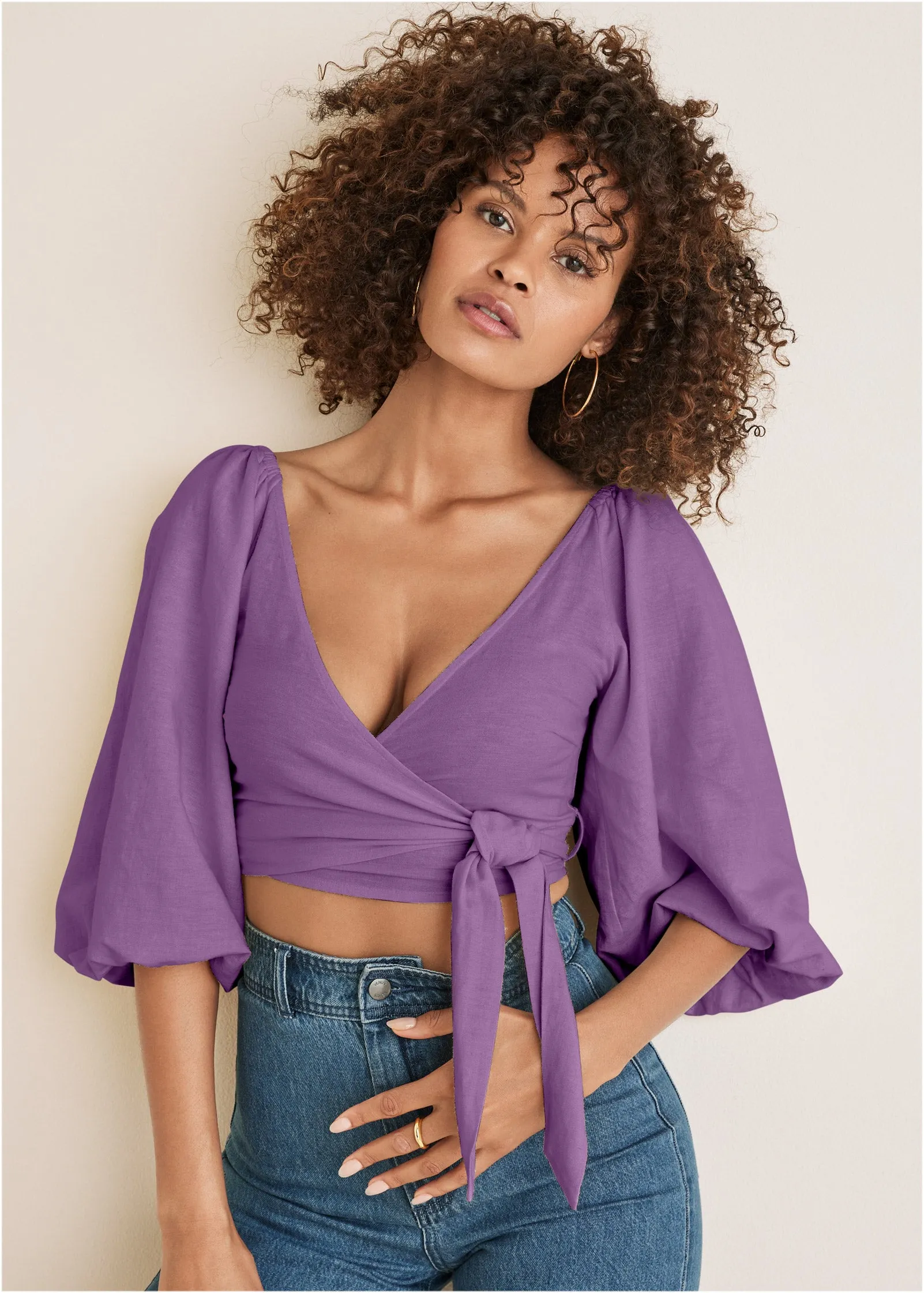Linen Wrap Top - Purple sold by VENUS