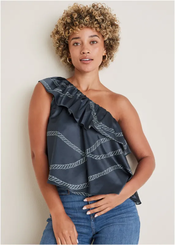 One Shoulder Ruffle Top - Yacht Rope Print sold by VENUS