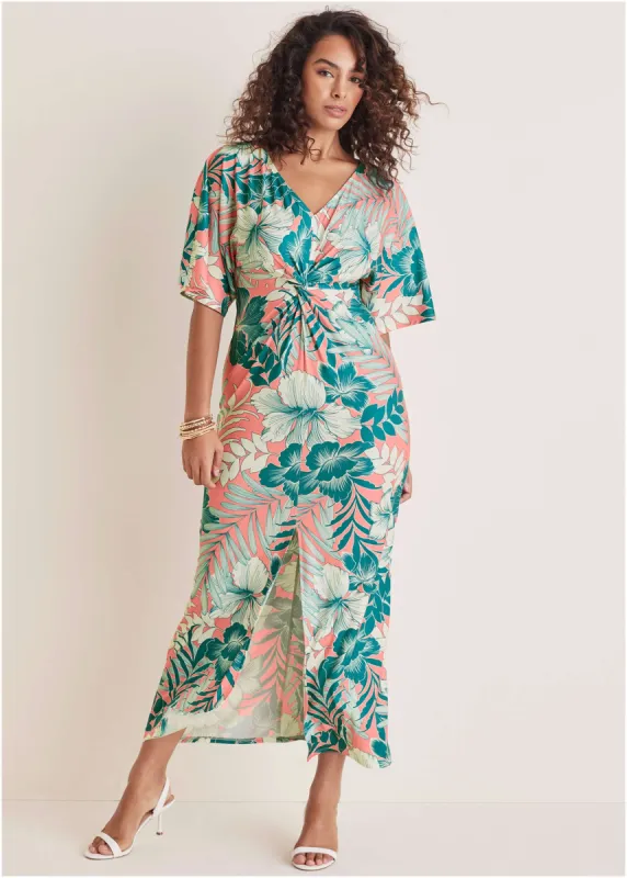 Twist Front Maxi Dress - Tropicana Peach Floral sold by VENUS