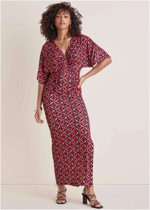 Drape Sleeve Maxi Dress - Red Lagoon Geo sold by VENUS