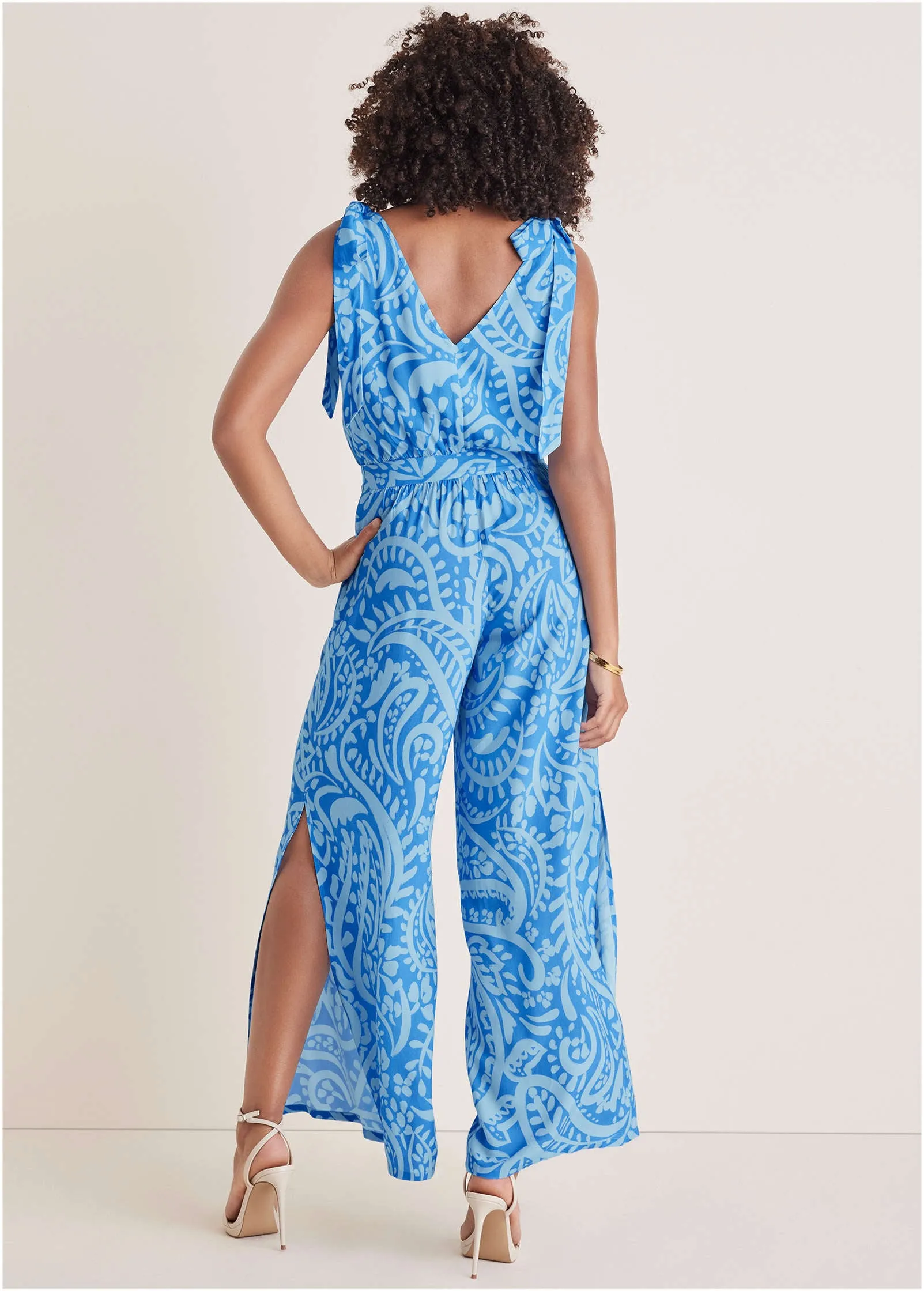 Tie-Strap Wide Leg Jumpsuit - Blue Allover Spring Paisley sold by VENUS product image thumbnail 2