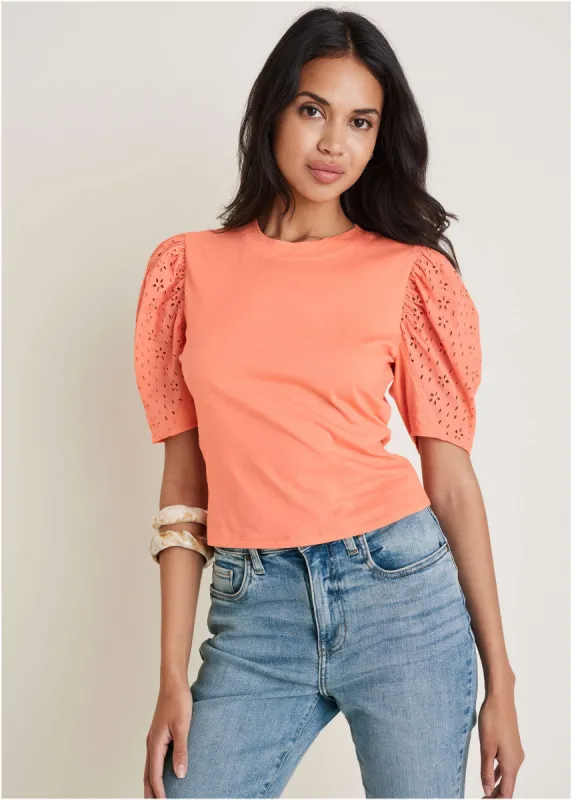 Eyelet Puff Sleeve Top - Burnt Coral sold by VENUS