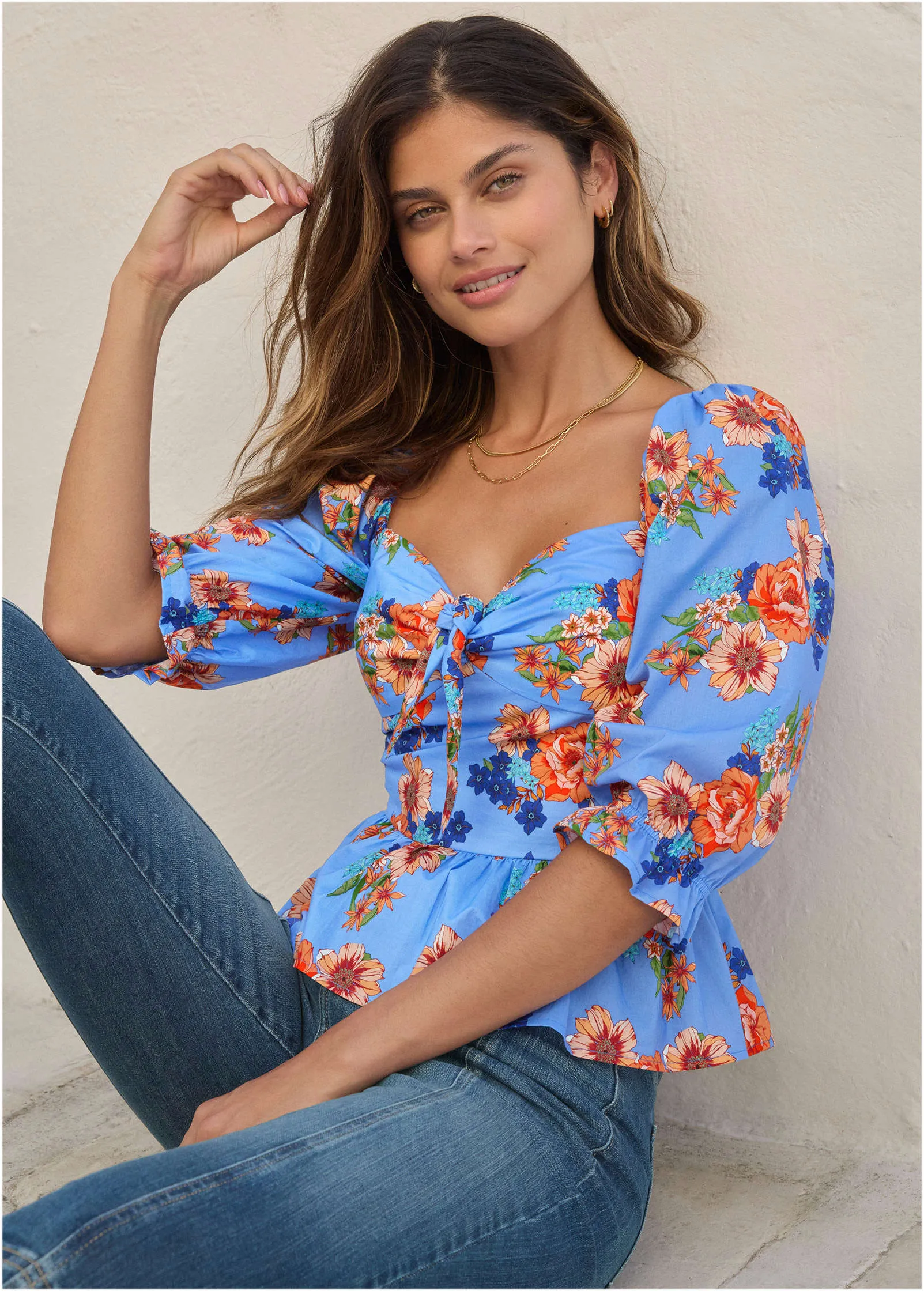 Peplum Sweetheart Top - Voyage Bouquet Border Floral sold by VENUS