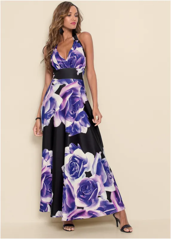 Floral Printed Long Dress - Black & Purple sold by VENUS