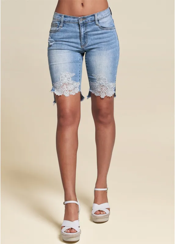 Lace Trim Bermuda Shorts - Medium Wash sold by VENUS