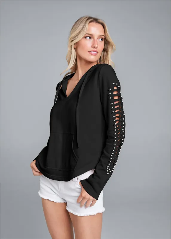 Pearl Cutout Sleeve Hoodie - Black sold by VENUS