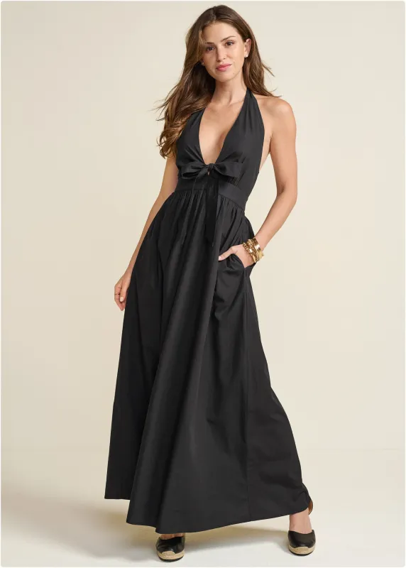 Plunging Halter Maxi Dress - Black sold by VENUS