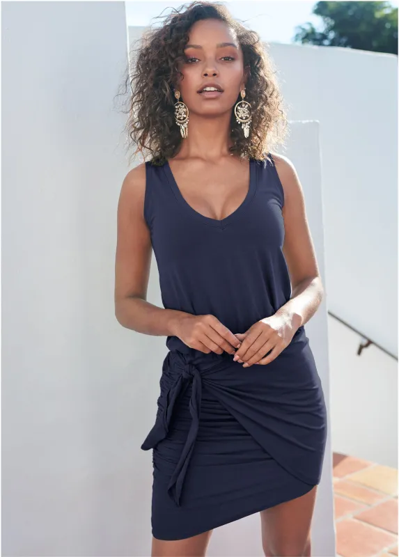 V-Neck Side Wrap Mini Dress - Navy sold by VENUS