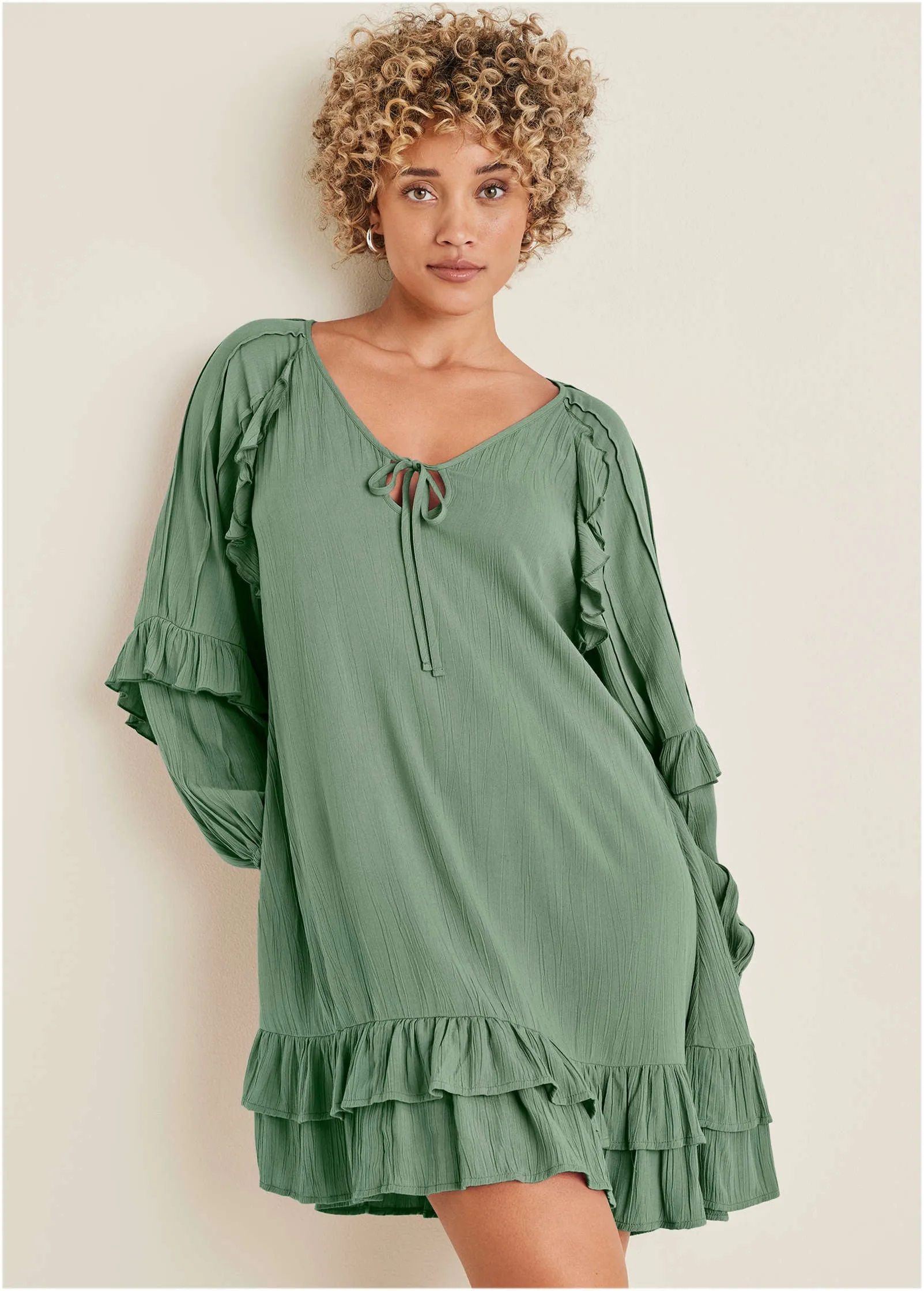 Ruffle Mini Dress - Basil sold by VENUS