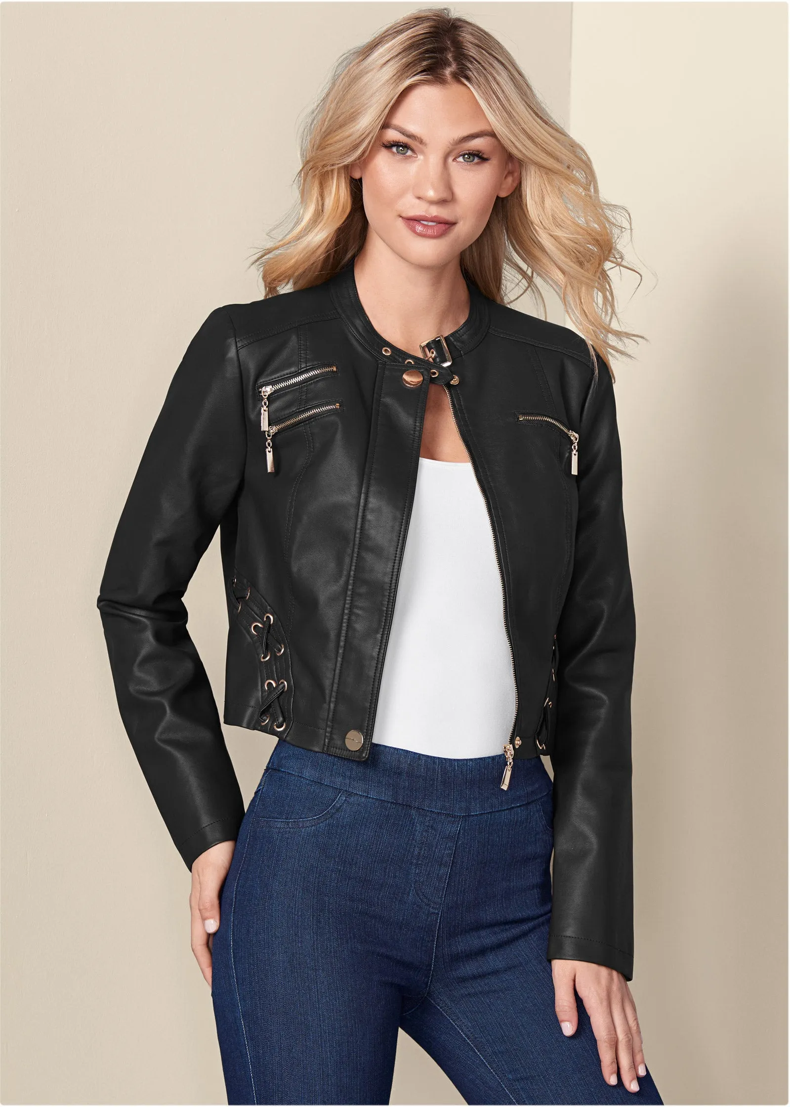 Faux-Leather Lace-Up Jacket - Black sold by VENUS