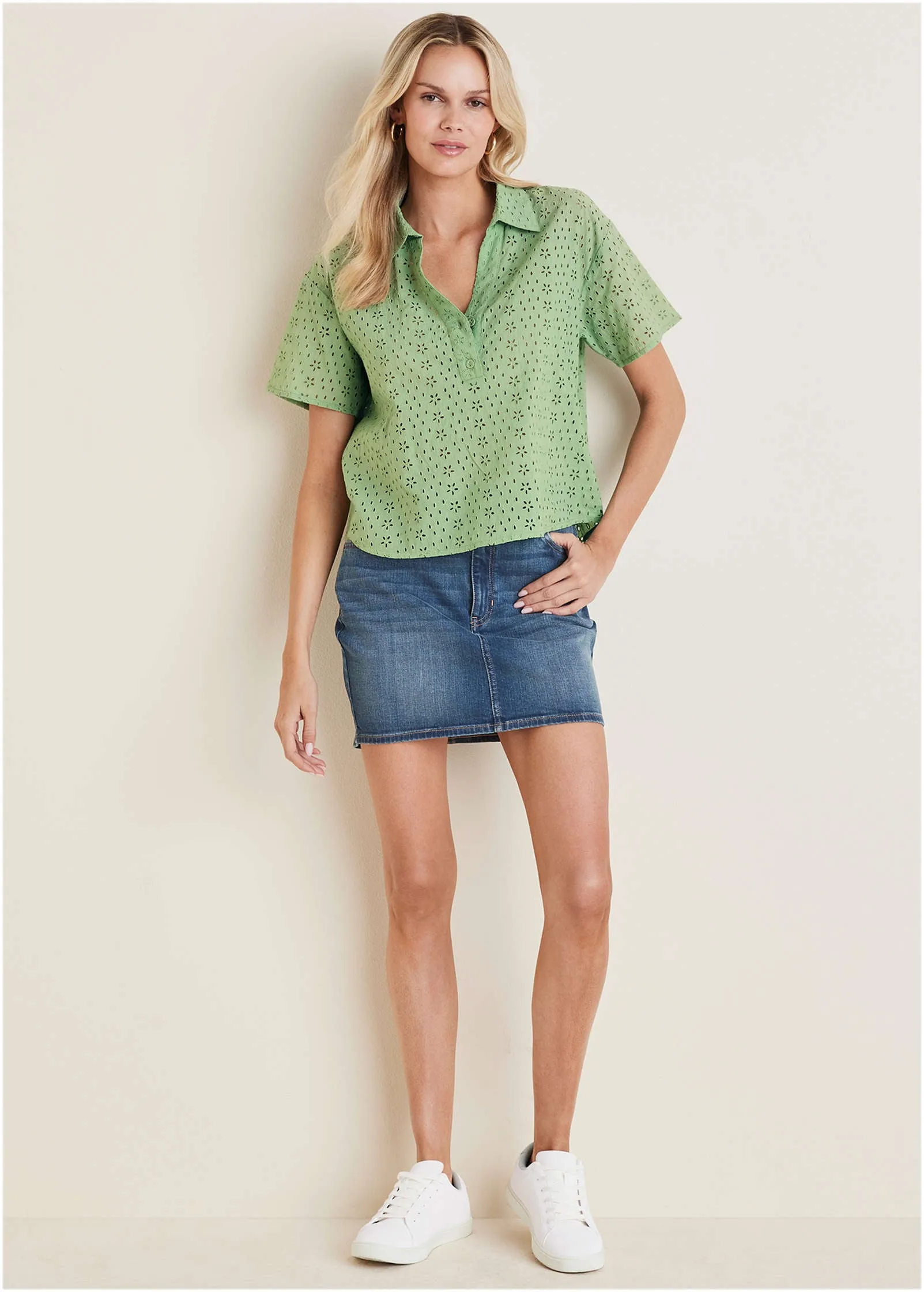 Eyelet Button-Up Blouse - Basil sold by VENUS product image thumbnail 2