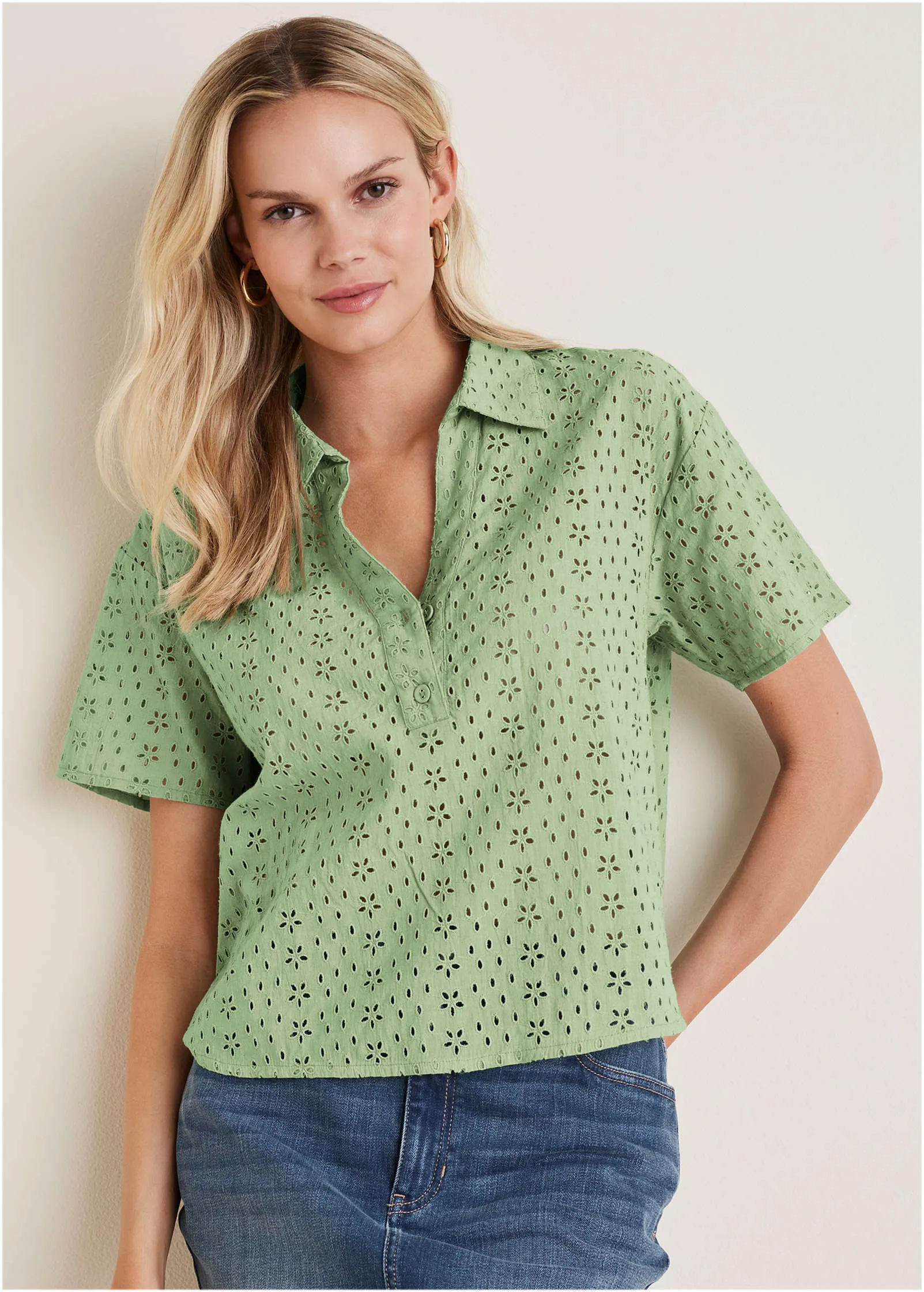 Eyelet Button-Up Blouse - Basil sold by VENUS