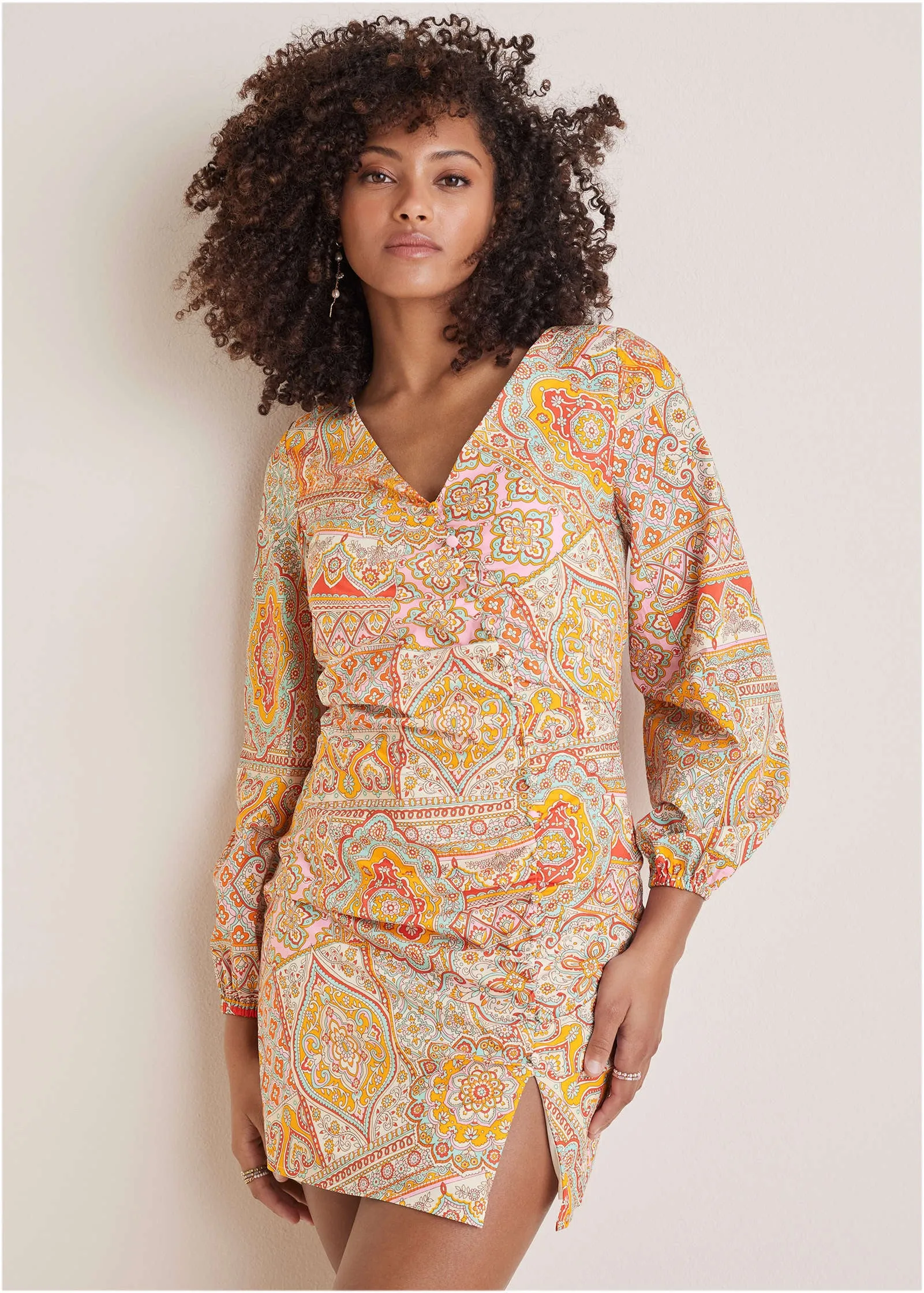 Balloon Sleeve Mini Dress - Medallion Golden Patchwork sold by VENUS product image thumbnail 2