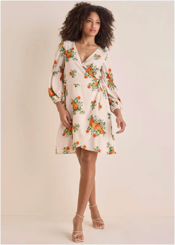 Printed Wrap Mini Dress - Orange Bella sold by VENUS
