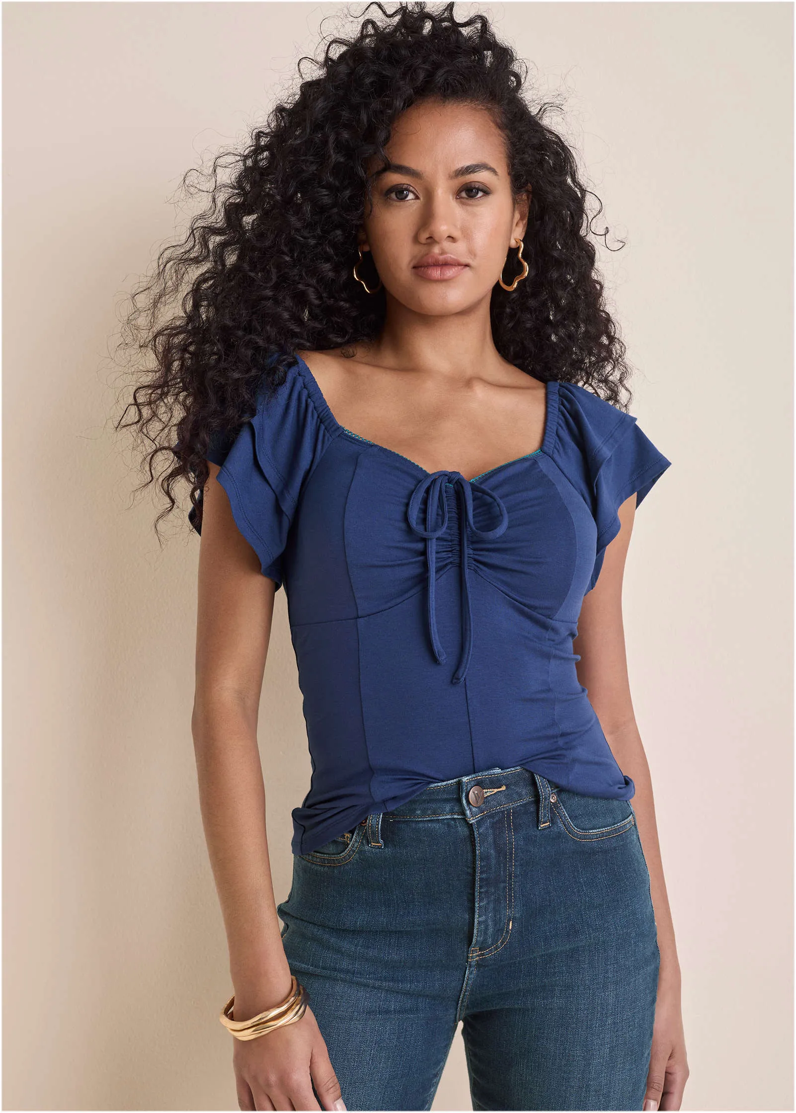 Flutter Sleeve Fitted Top - Dark Blue sold by VENUS
